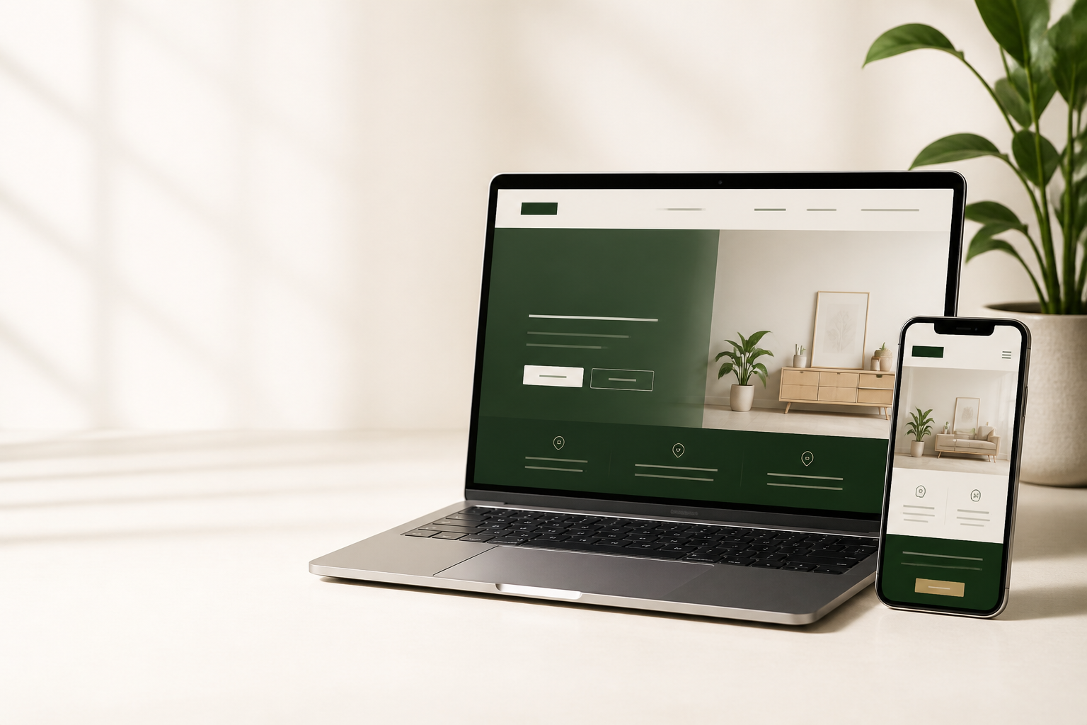 Webdesign-Arbeitsplatz mit Website-Entwürfen auf Laptop und Smartphone